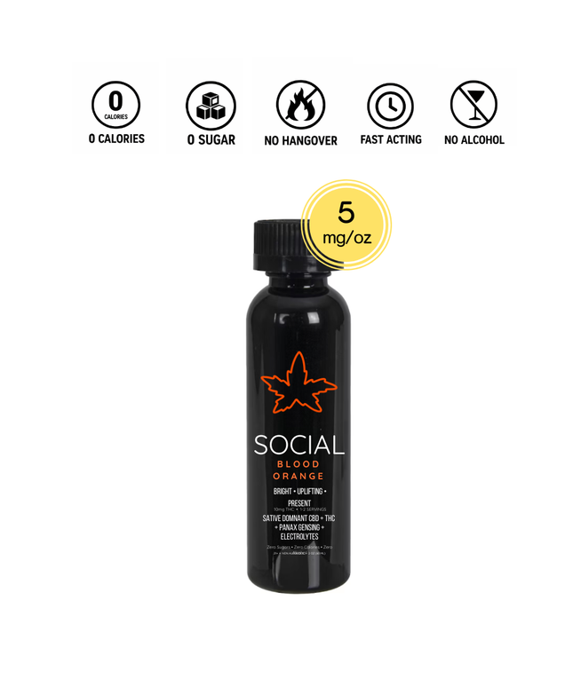 Social Blood Orange' with nutritional information THC drink non alcoholic 5mg per oz per serving made by Powered by Plants