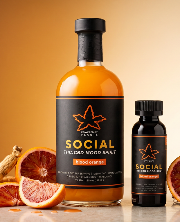 <h2>Connection & Joy</h2><h3>Social Blood Orange</h3><p>5mg THC per shot for Social + Connections</p>