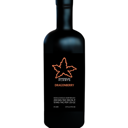 A black bottle of Dragonberry flavored beverage with a bold orange and white dragonfly logo, labeled as containing 10mg Delta-9 THC per shot.