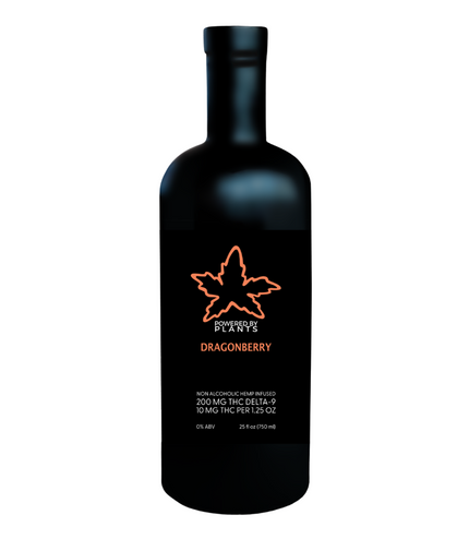 A black bottle of Dragonberry flavored beverage with a bold orange and white dragonfly logo, labeled as containing 10mg Delta-9 THC per shot.