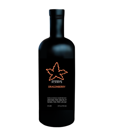 A black bottle of Dragonberry flavored beverage with a bold orange and white dragonfly logo, labeled as containing 10mg Delta-9 THC per shot.