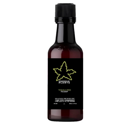 A bottle of Tequila Mini Recovery Buzz 5mg THC with a black label and a decorative cannabis leaf symbol in green.