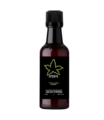A bottle of Tequila Mini Recovery Buzz 5mg THC with a black label and a decorative cannabis leaf symbol in green.
