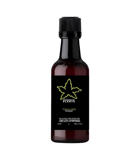 A bottle of Tequila Mini Recovery Buzz 5mg THC with a black label and a decorative cannabis leaf symbol in green.
