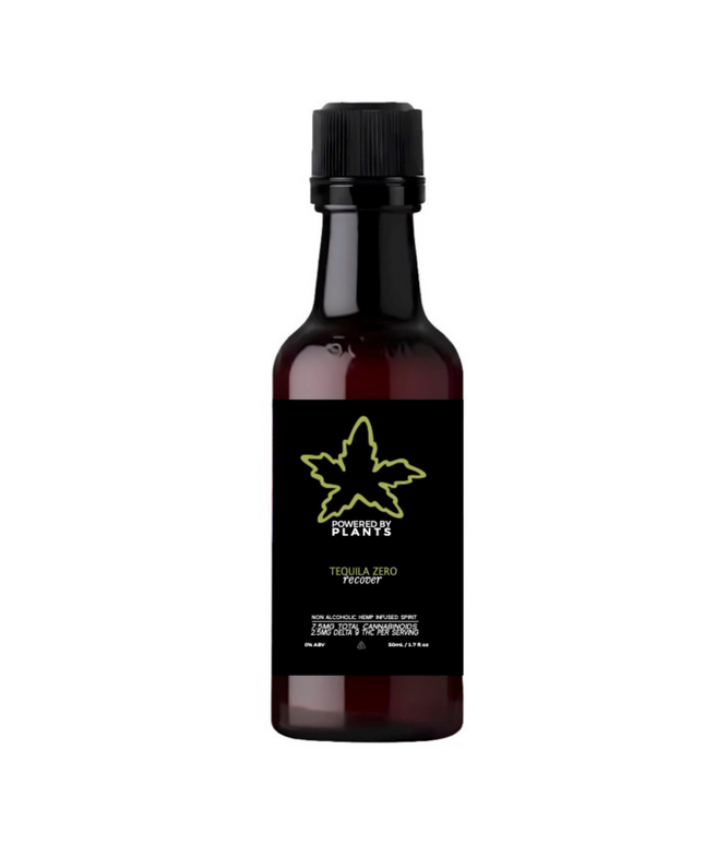 A bottle of Tequila Mini Recovery Buzz 5mg THC with a black label and a decorative cannabis leaf symbol in green.